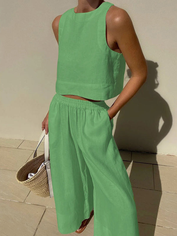 New casual loose solid color sleeveless shirt trousers two-piece set - Green / S