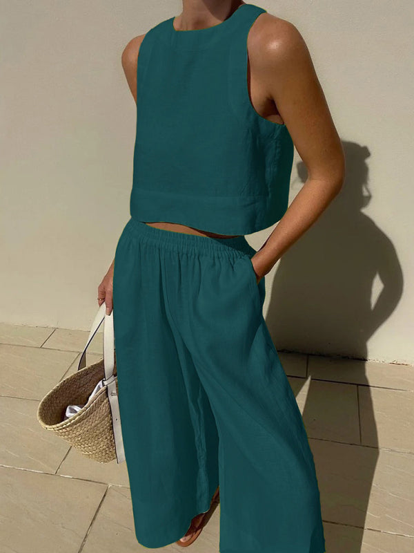 New casual loose solid color sleeveless shirt trousers two-piece set - Peacock blue / S