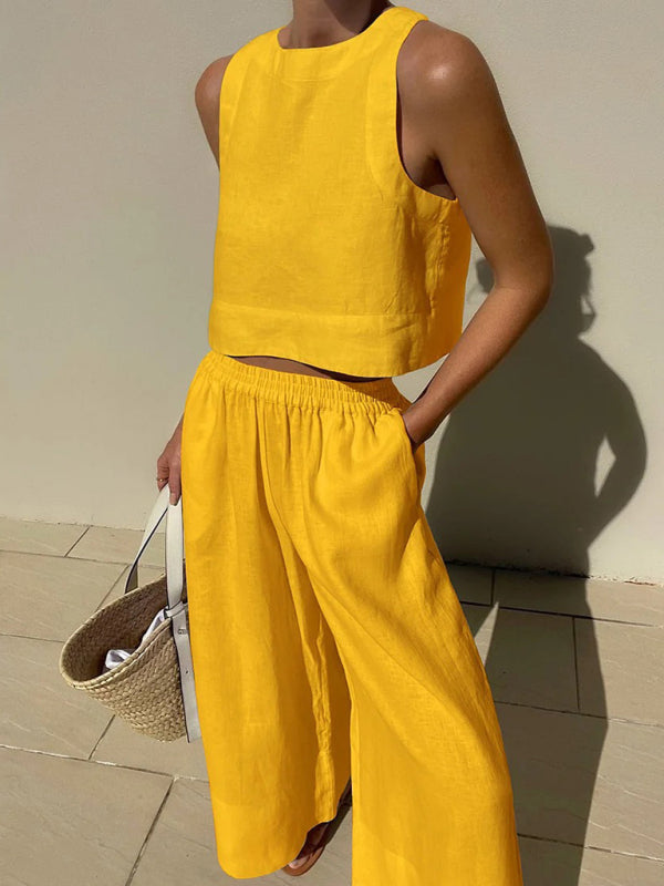 New casual loose solid color sleeveless shirt trousers two-piece set - Yellow / S
