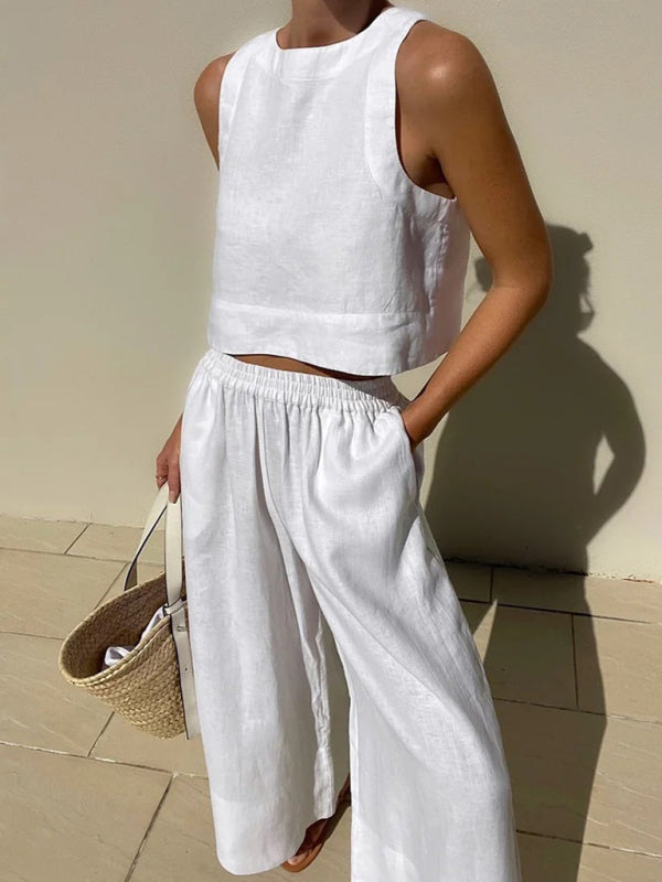 New casual loose solid color sleeveless shirt trousers two-piece set - White / S