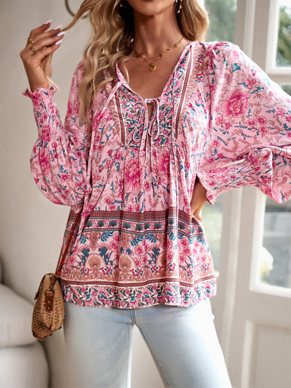 New casual printed v-neck long-sleeved top - Pink / S