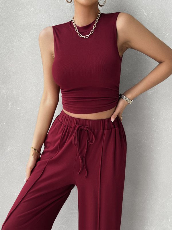 Burgundy crop top and trousers set offering a comfortable fit in casual style