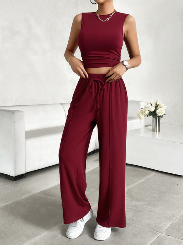 Burgundy two-piece pantsuit with comfortable fit, perfect for casual occasions