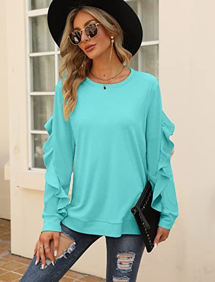 New casual round neck sweater pleated long-sleeved top - Acid blue / S