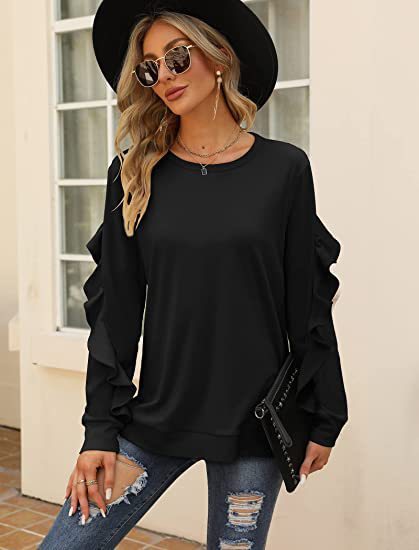 New casual round neck sweater pleated long-sleeved top - Black / S