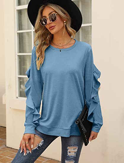 New casual round neck sweater pleated long-sleeved top - Blue / S