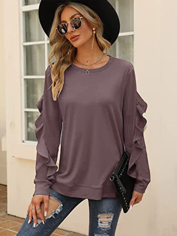 New casual round neck sweater pleated long-sleeved top - Coffee / S