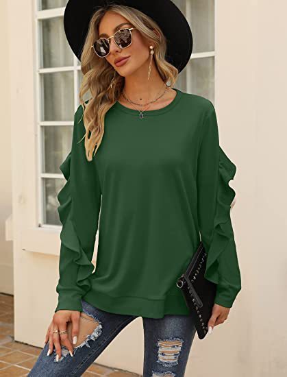New casual round neck sweater pleated long-sleeved top - Green / S