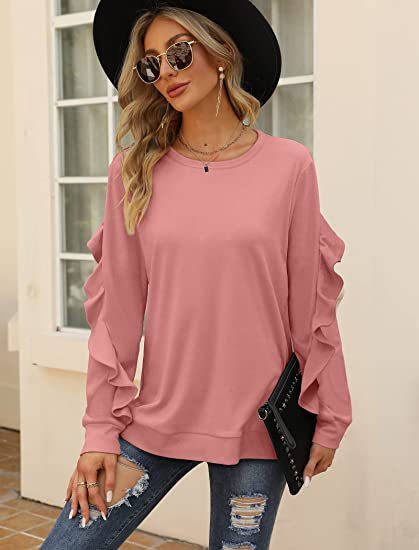 New casual round neck sweater pleated long-sleeved top - Pink / S