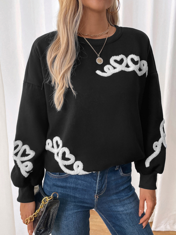 New Casual Round Neck Towel Embroidery Sweatshirt - Black / S