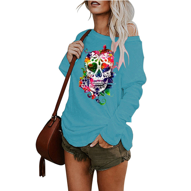New casual sexy personality skull long-sleeved top - Acid blue / S