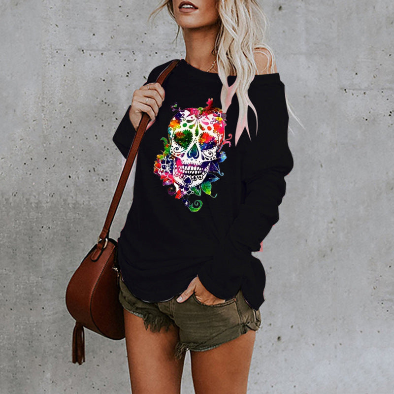 New casual sexy personality skull long-sleeved top - Black / S