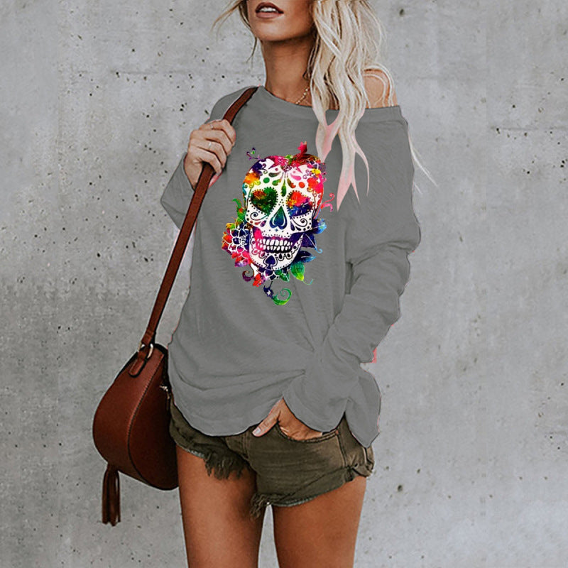 New casual sexy personality skull long-sleeved top - Grey / S
