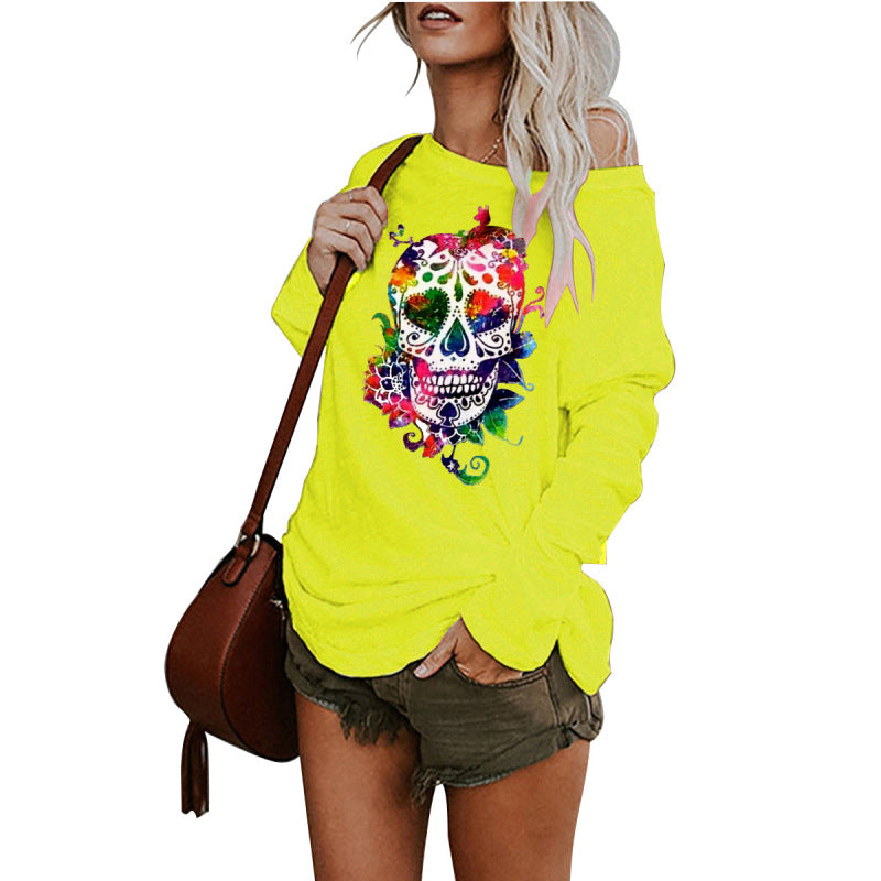 New casual sexy personality skull long-sleeved top - Lemon Green / S