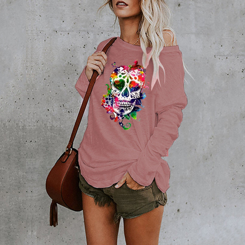 New casual sexy personality skull long-sleeved top - Pink / S