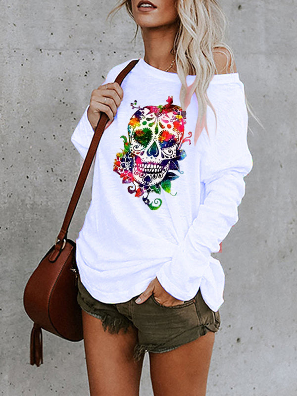 New casual sexy personality skull long-sleeved top - White / S