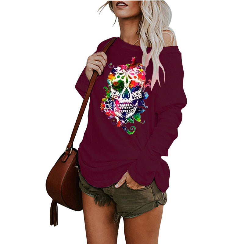 New casual sexy personality skull long-sleeved top - Wine Red / S