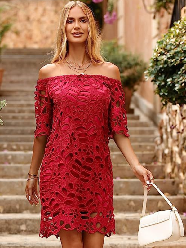 New casual tube top one shoulder hollow dress - Red / S
