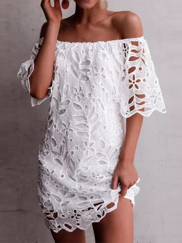 New casual tube top one shoulder hollow dress - White / S
