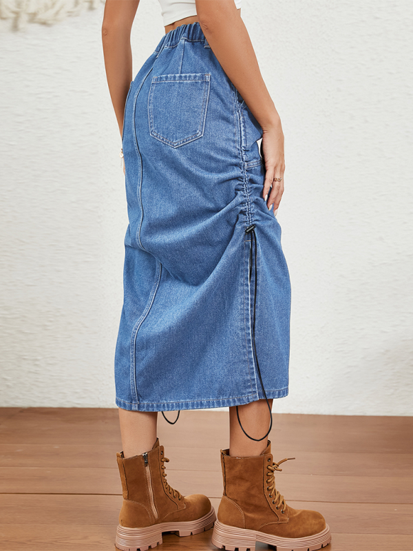 New casual washed elastic waist drawstring denim midi skirt