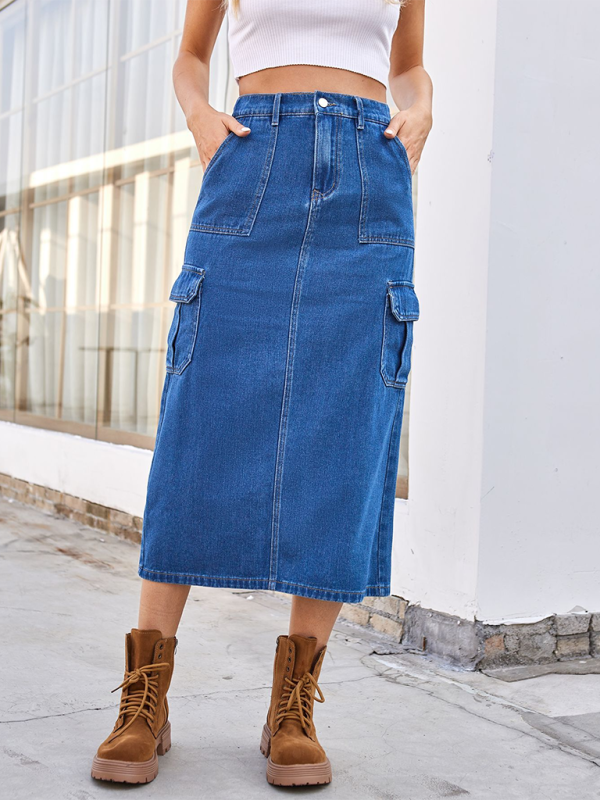 New casual washed workwear denim skirt - Blue / S