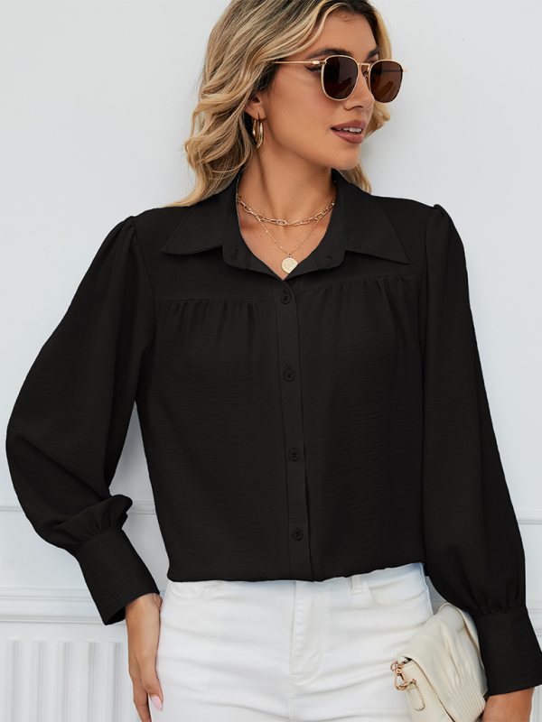 New chiffon loose long-sleeved button-down shirt top - Black / S