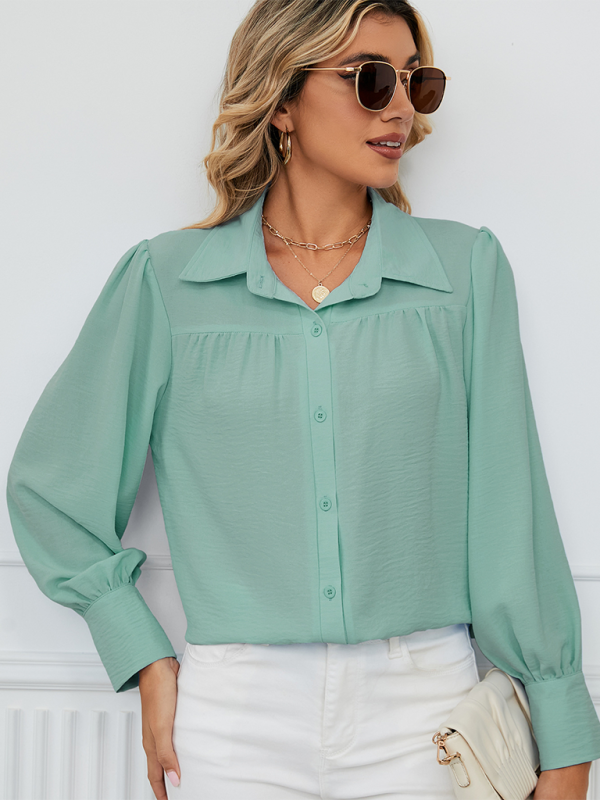 New chiffon loose long-sleeved button-down shirt top - Pea green grey / S