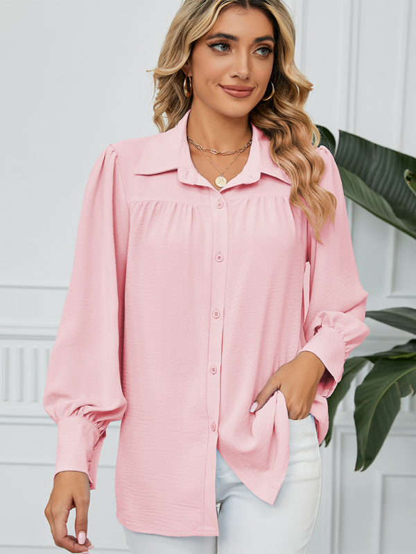 New chiffon loose long-sleeved button-down shirt top - Pink / S