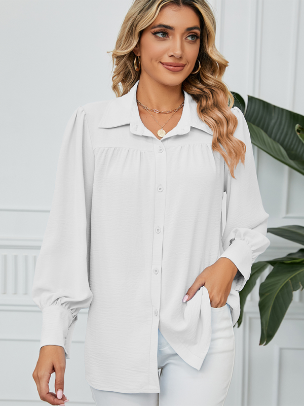 New chiffon loose long-sleeved button-down shirt top - White / S