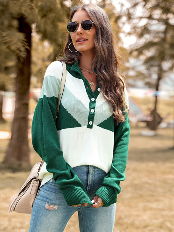 New Color Block Lapel Button Pullover Long Sleeve Sweater - Closther