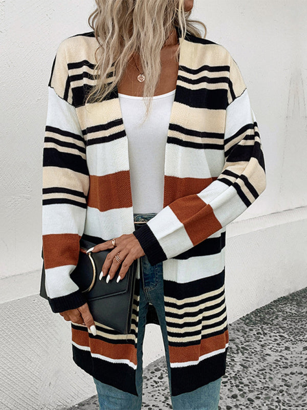 New color block long sweater cardigan - Khaki / S