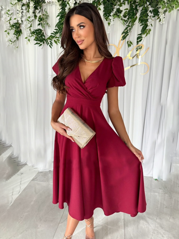 New Commuting Solid Color V-Neck Waist Puff Sleeve Swing Dress - Wine Red / S