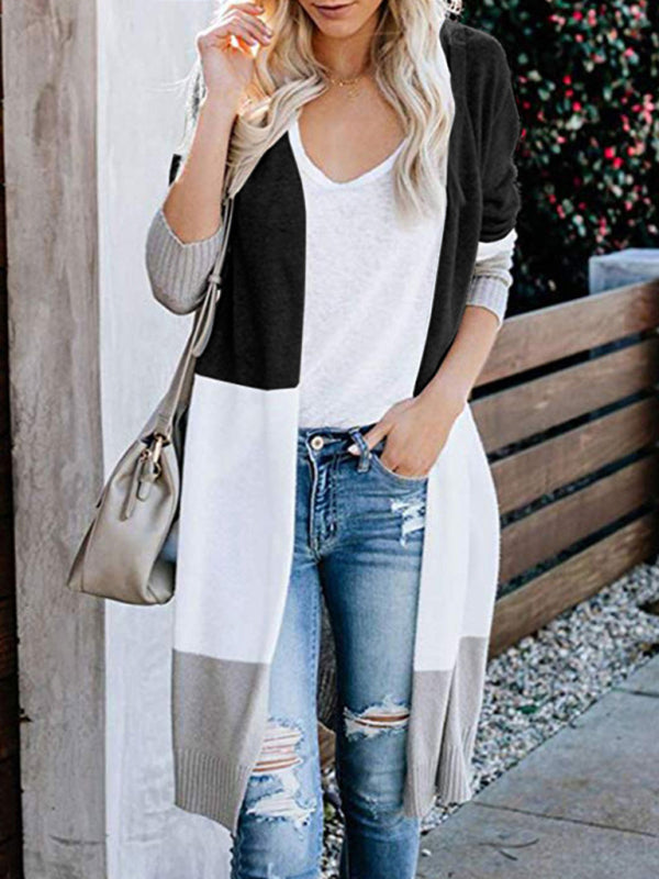 New contrast color long rainbow patchwork striped cardigan sweater jacket - Black / S