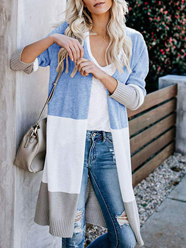 New contrast color long rainbow patchwork striped cardigan sweater jacket - Sky blue azure / S