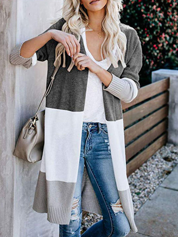 New contrast color long rainbow patchwork striped cardigan sweater jacket - Grey / S