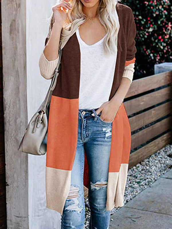 New contrast color long rainbow patchwork striped cardigan sweater jacket - Coffee / S
