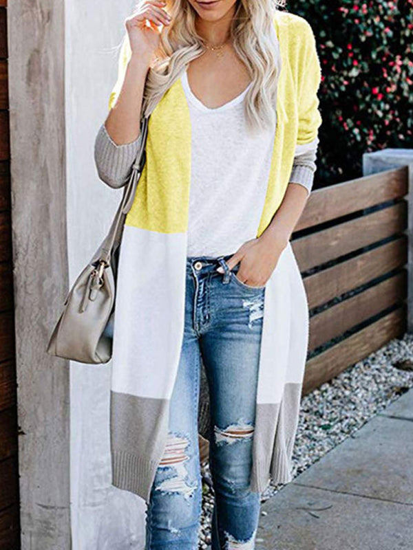 New contrast color long rainbow patchwork striped cardigan sweater jacket - Yellow / S
