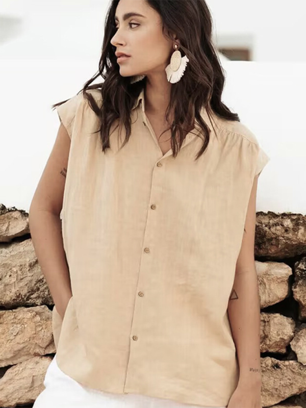 New cotton and linen simple casual sleeveless solid color shirt tops - Khaki / S