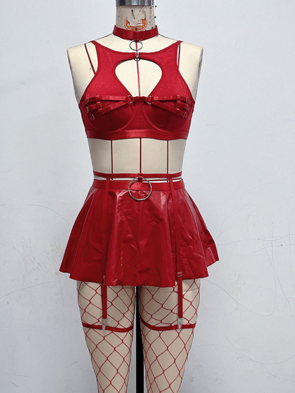 New cute mesh sexy bra cosplay leather uniform sexy bra set (including fishnet stockings) - Red / S