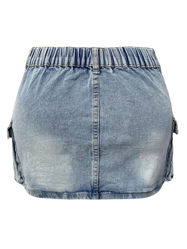 New denim skirt women’s summer retro elastic tight workwear pocket hip skirt