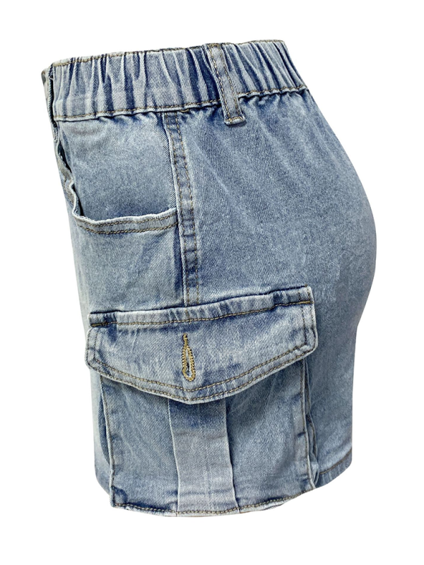 New denim skirt women’s summer retro elastic tight workwear pocket hip skirt