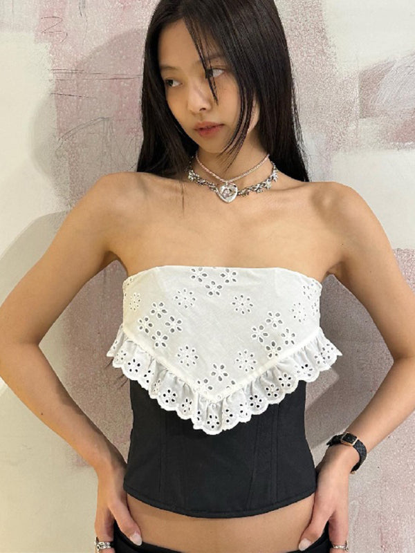 New design niche crochet pattern hollow contrast color outer wear tube top vest - Black / S