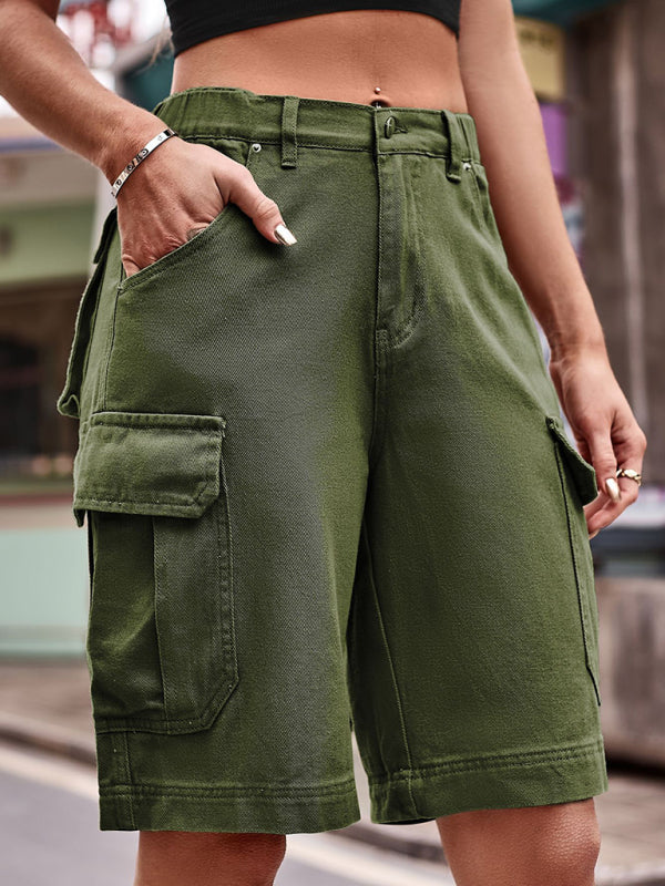 New Elastic Waist Denim Cargo Cropped Shorts - Olive green / S