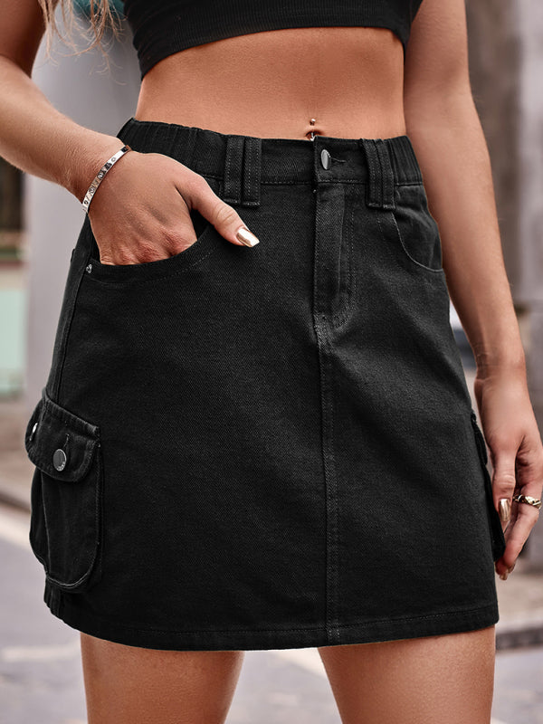 New elastic waist denim work dress casual skirt - Black / S