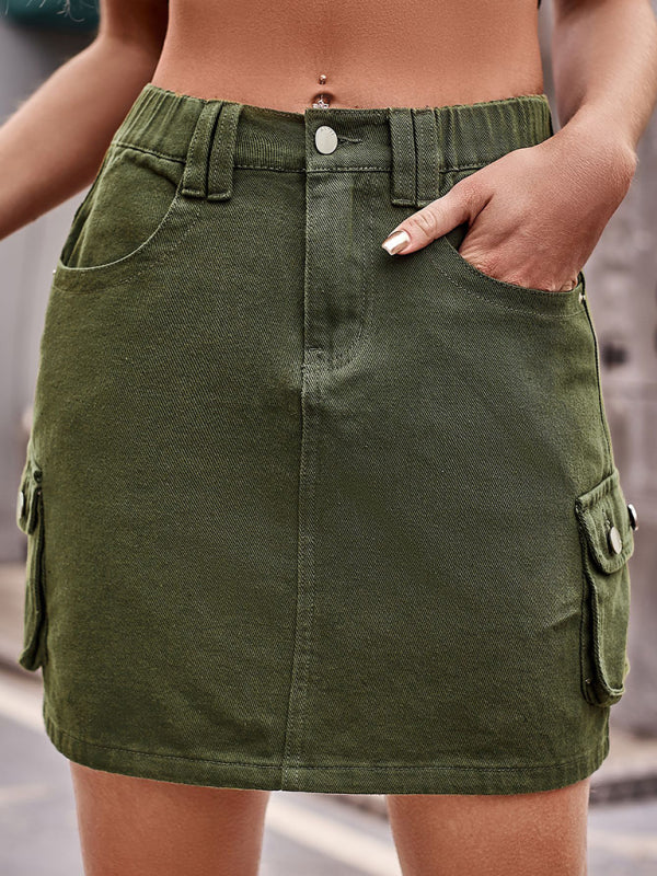 New elastic waist denim work dress casual skirt - Olive green / S