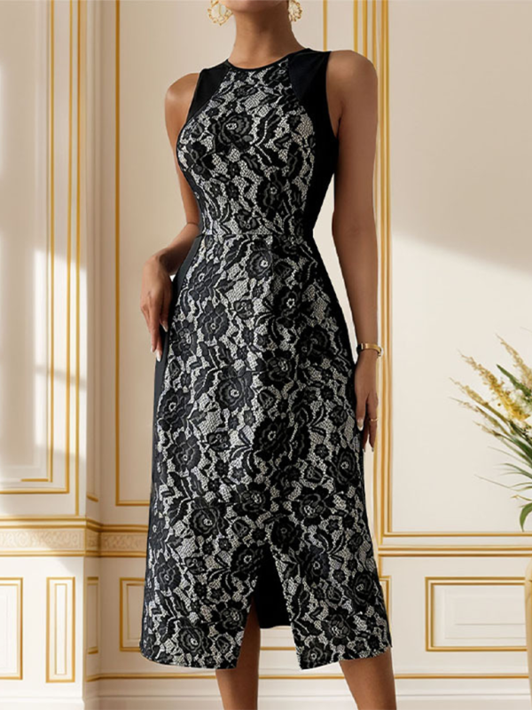 New elegant high waist sleeveless printed slit dress - Black / S