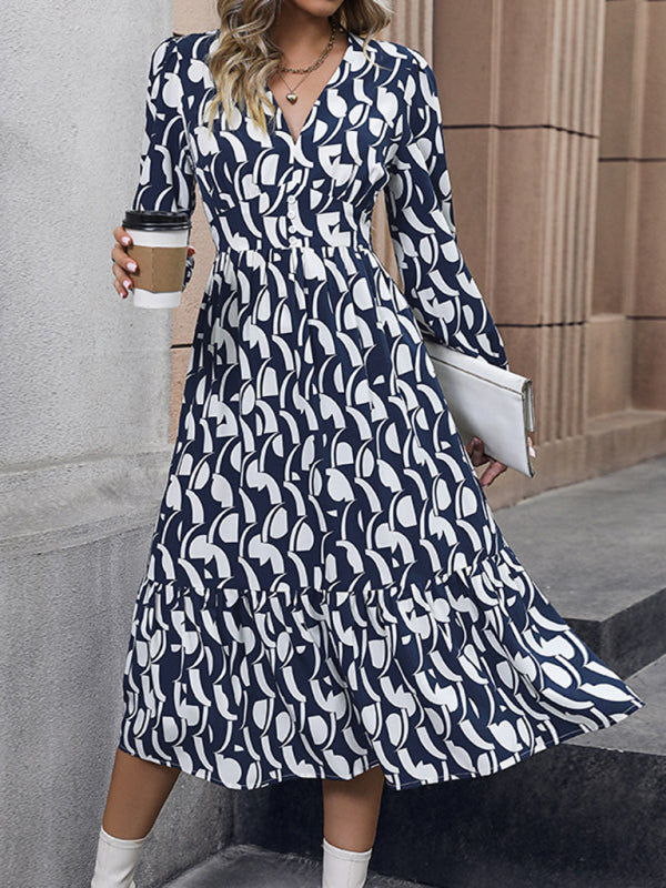 New Elegant Long Sleeve Printed Waist Dress - Blue / S