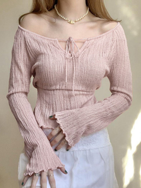 New elegant one-shoulder V-neck lace-up shoulder-length long-sleeved sweet fungus-trimmed sweater - Pink / S