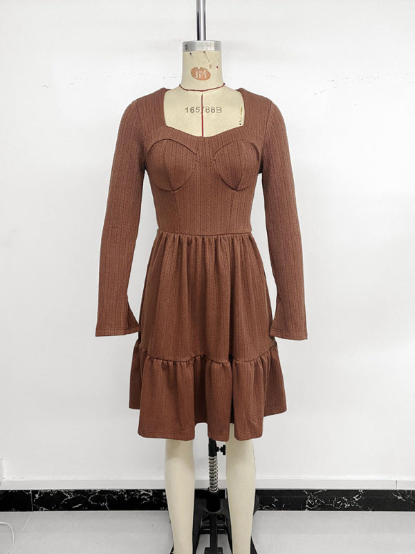 New elegant retro style waist knitted solid color square neck A-line dress