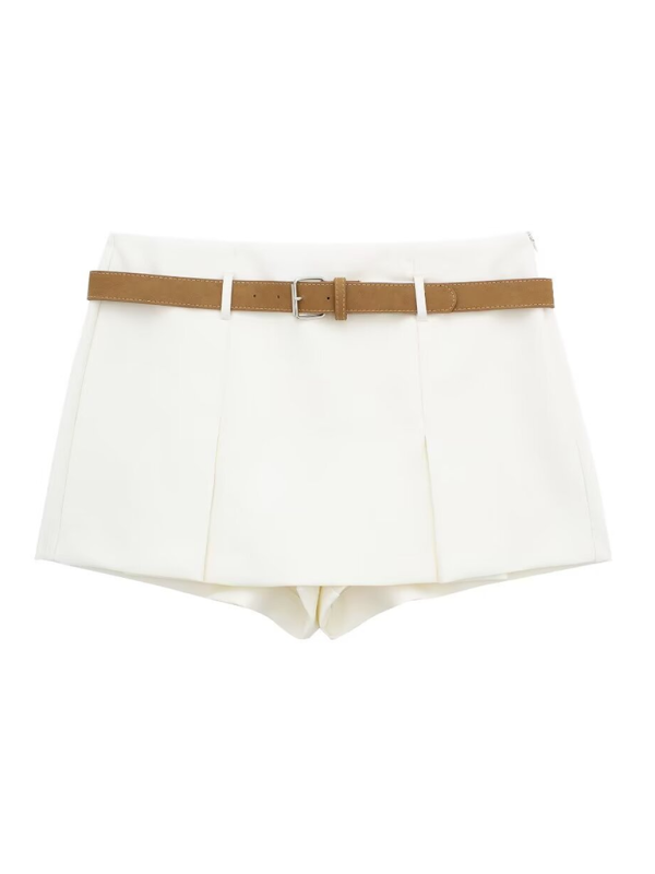 New elegant solid color with belted culottes - Cream / XS